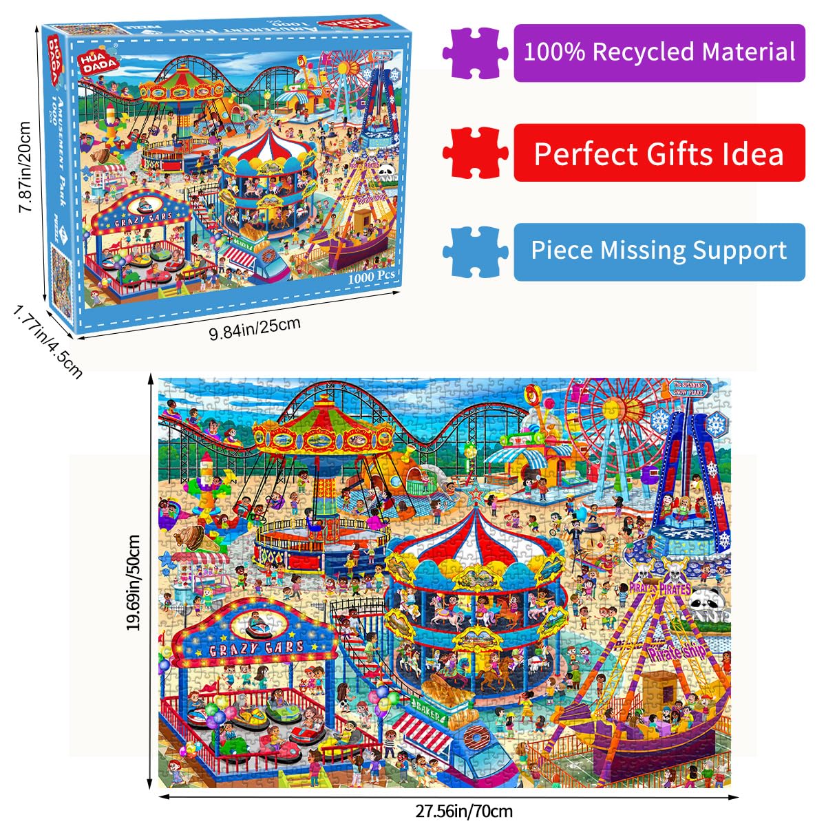 HUADADA 1000-Piece Jigsaw Puzzle for Adults – Amusement Park Theme, Premium Recycled Paper, Includes Glare-Free Poster