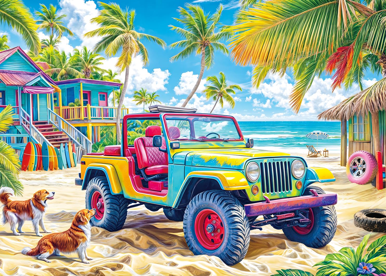 HUADADA 1000-Piece Jigsaw Puzzle for Adults – Colorful Beach Buggy – Recycled Non-Toxic Paper with Poster