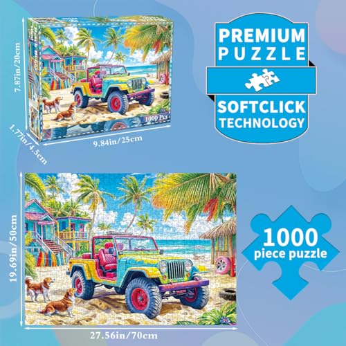 HUADADA 1000-Piece Jigsaw Puzzle for Adults – Colorful Beach Buggy – Recycled Non-Toxic Paper with Poster
