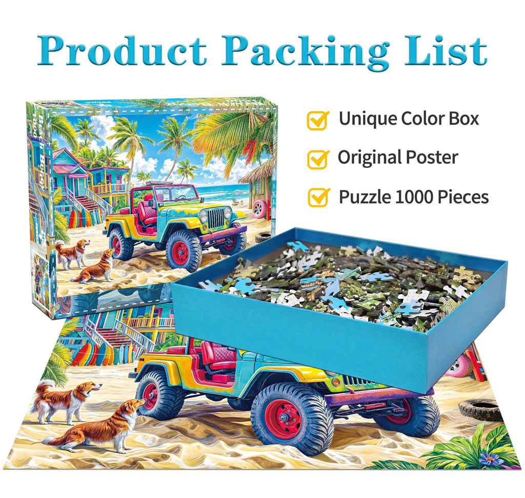 HUADADA 1000-Piece Jigsaw Puzzle for Adults – Colorful Beach Buggy – Recycled Non-Toxic Paper with Poster