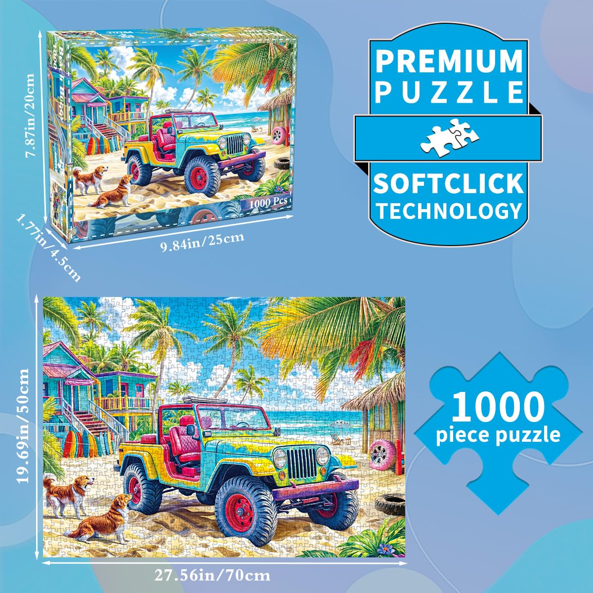 HUADADA 1000-Piece Jigsaw Puzzle for Adults – Colorful Beach Buggy – Recycled Non-Toxic Paper with Poster