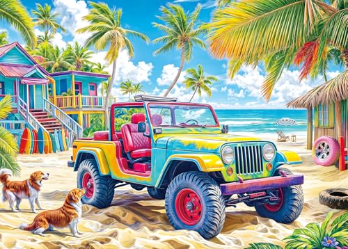 HUADADA 1000-Piece Jigsaw Puzzle for Adults – Colorful Beach Buggy – Recycled Non-Toxic Paper with Poster