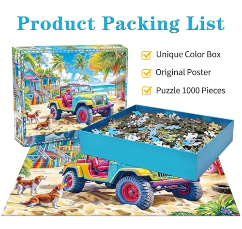 HUADADA 1000-Piece Jigsaw Puzzle for Adults – Colorful Beach Buggy – Recycled Non-Toxic Paper with Poster
