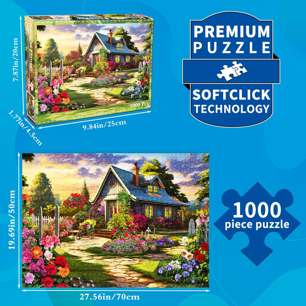 HUADADA 1000 Piece Jigsaw Puzzle for Adults – Colourful House of Flowers, Educational & Decorative