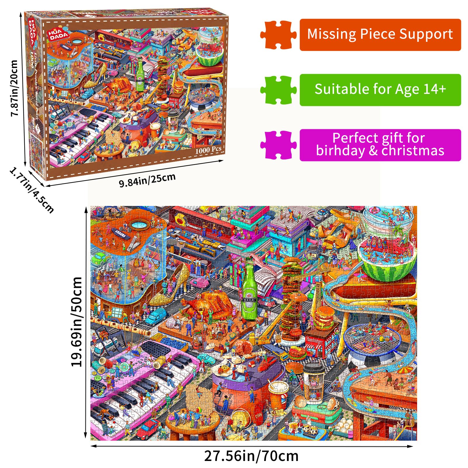 HUADADA 1000 Piece Jigsaw Puzzle for Adults – Little People's World Party with Letter Backing