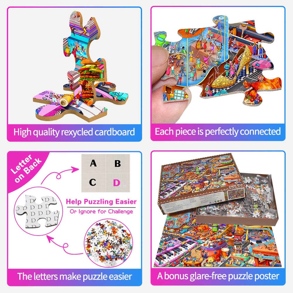 HUADADA 1000 Piece Jigsaw Puzzle for Adults – Little People's World Party with Letter Backing