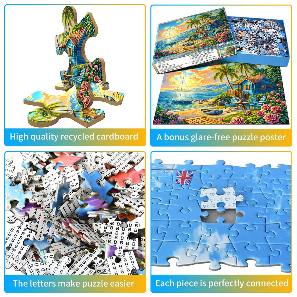 HUADADA 1000 Piece Jigsaw Puzzle – Summer Beach Vacation Scene with Surfing, Coconut Trees & Wooden Houses – Includes Glare-Free Poster