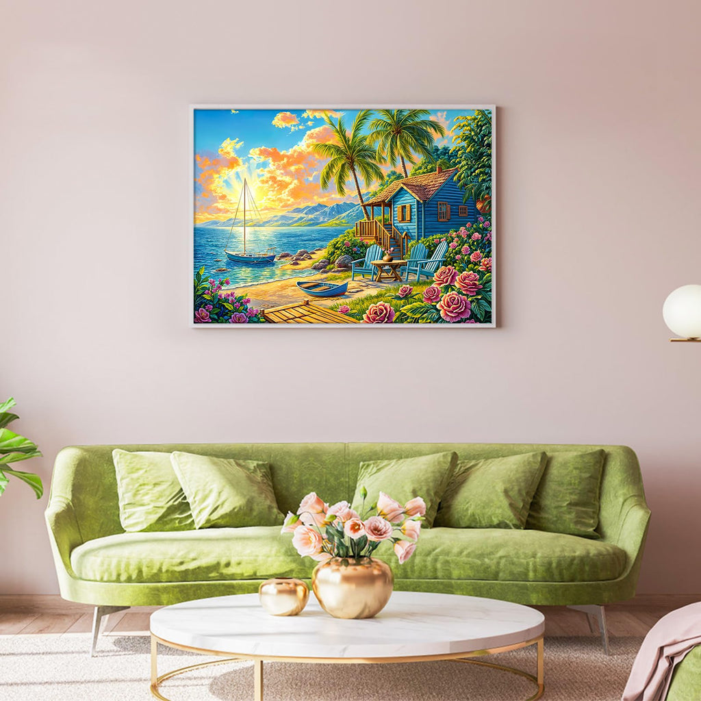 HUADADA 1000 Piece Jigsaw Puzzle – Summer Beach Vacation Scene with Surfing, Coconut Trees & Wooden Houses – Includes Glare-Free Poster