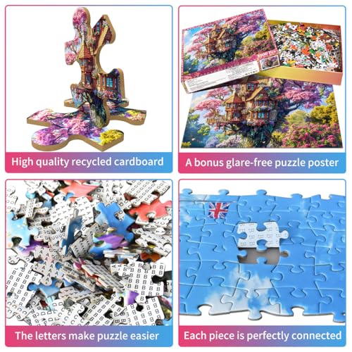 HUADADA 1000 Piece Puzzle for Adults – Whimsical Tree House and Flowers Jigsaw, Recycled Non-Toxic, with Glare-Free Poster