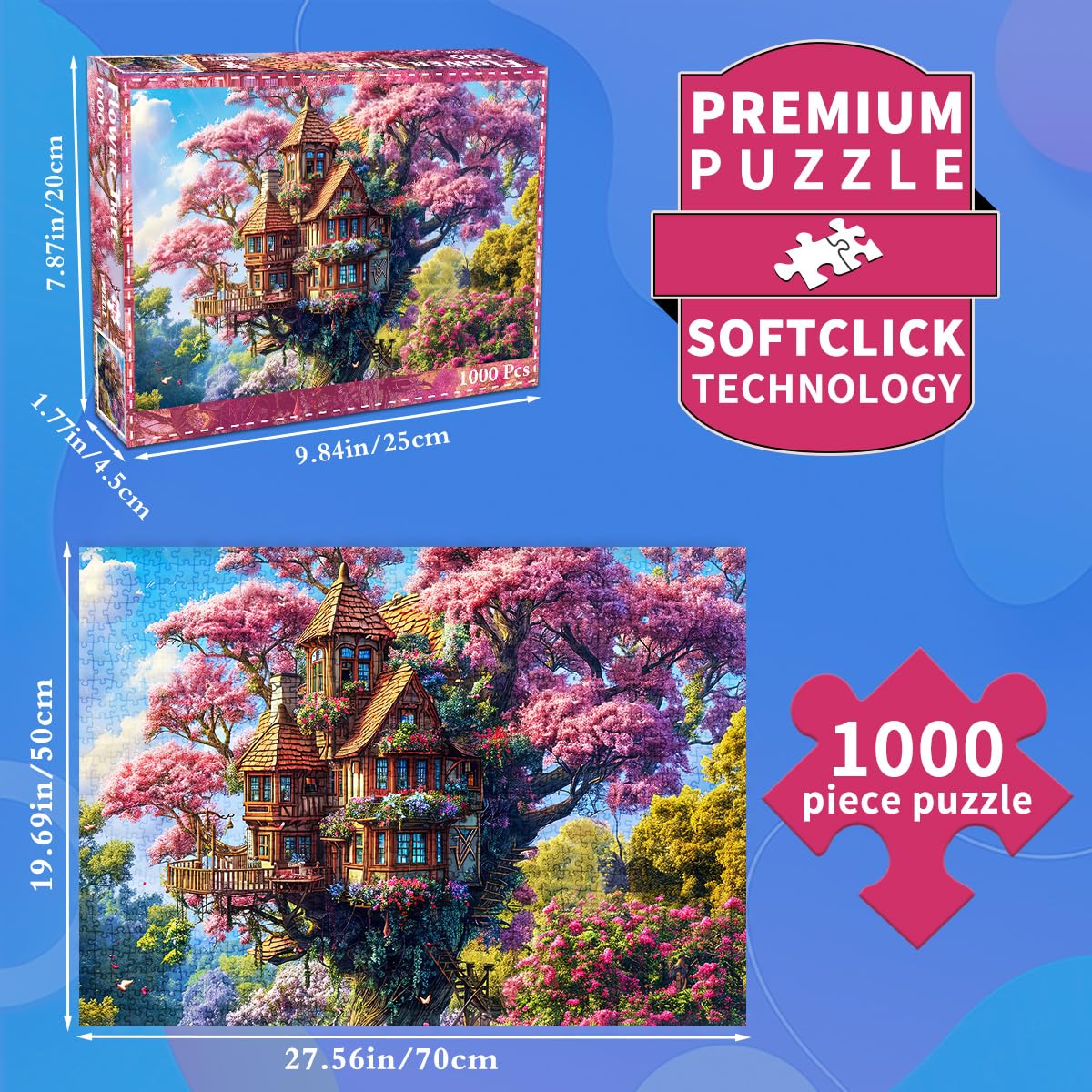 HUADADA 1000 Piece Puzzle for Adults – Whimsical Tree House and Flowers Jigsaw, Recycled Non-Toxic, with Glare-Free Poster