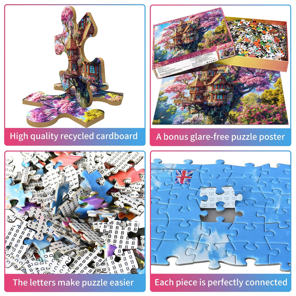 HUADADA 1000 Piece Puzzle for Adults – Whimsical Tree House and Flowers Jigsaw, Recycled Non-Toxic, with Glare-Free Poster