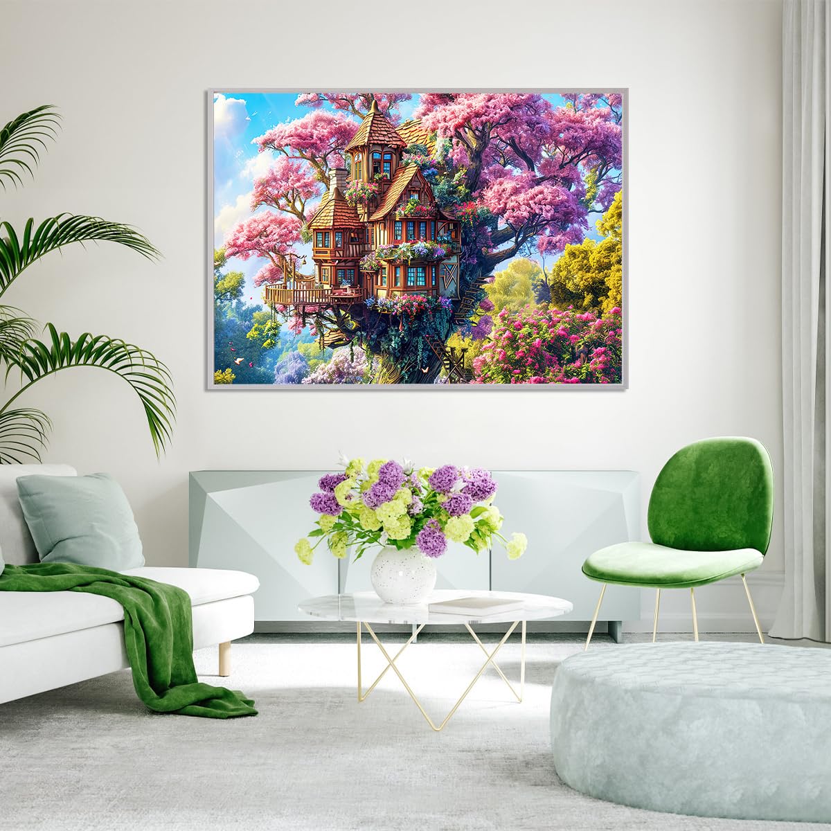 HUADADA 1000 Piece Puzzle for Adults – Whimsical Tree House and Flowers Jigsaw, Recycled Non-Toxic, with Glare-Free Poster