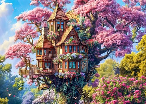 HUADADA 1000 Piece Puzzle for Adults – Whimsical Tree House and Flowers Jigsaw, Recycled Non-Toxic, with Glare-Free Poster