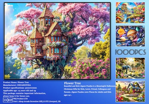 HUADADA 1000 Piece Puzzle for Adults – Whimsical Tree House and Flowers Jigsaw, Recycled Non-Toxic, with Glare-Free Poster