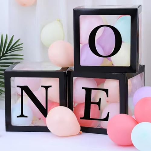 HUAXI Black 'ONE' Balloon Box Set – 3 Stackable Boxes with 20 Balloons for 1st Birthday Decorations