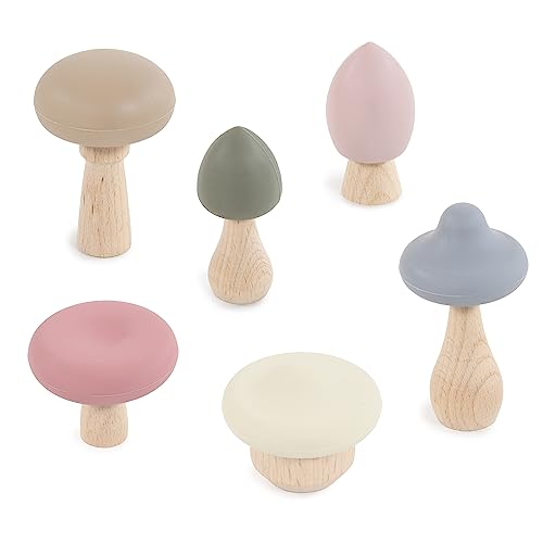 Hudson Baby 6pc Wood and Silicone Mushroom Toy Set – Six Colorful Stacking Mushrooms for Sensory Play