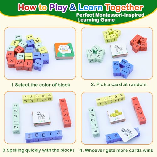 Humerry CVC Word Matching Game – Phonics Spelling Toy with 54 Flash Cards & 20 Wooden Blocks for Kids Ages 3-6