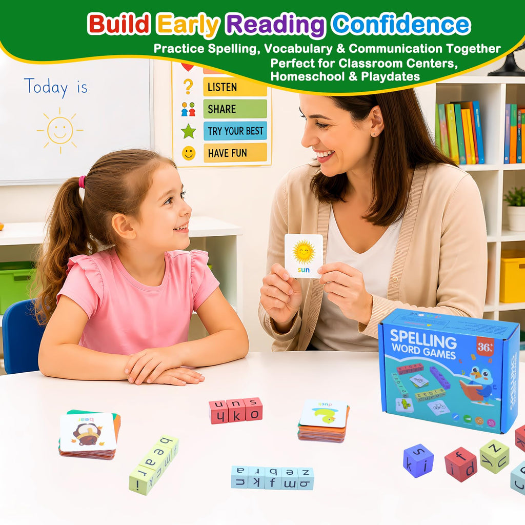 Humerry CVC Word Matching Game – Phonics Spelling Toy with 54 Flash Cards & 20 Wooden Blocks for Kids Ages 3-6