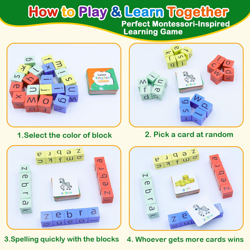 Humerry CVC Word Matching Game – Phonics Spelling Toy with 54 Flash Cards & 20 Wooden Blocks for Kids Ages 3-6