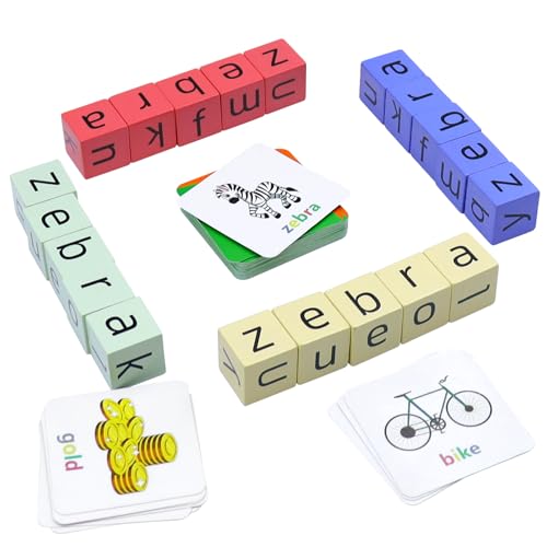Humerry CVC Word Matching Game – Phonics Spelling Toy with 54 Flash Cards & 20 Wooden Blocks for Kids Ages 3-6