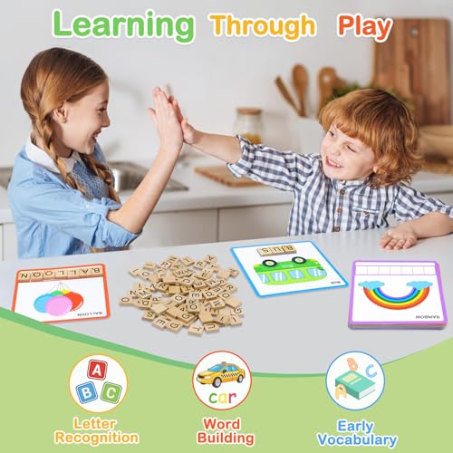Humerry Spelling Game for Kids 3-8: 100 Wooden Letter Tiles & 60 Word Flashcards – Phonics Learning Toy for Preschool, Kindergarten, Homeschool