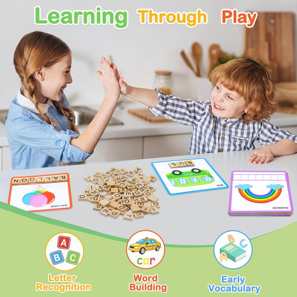 Humerry Spelling Game for Kids 3-8: 100 Wooden Letter Tiles & 60 Word Flashcards – Phonics Learning Toy for Preschool, Kindergarten, Homeschool