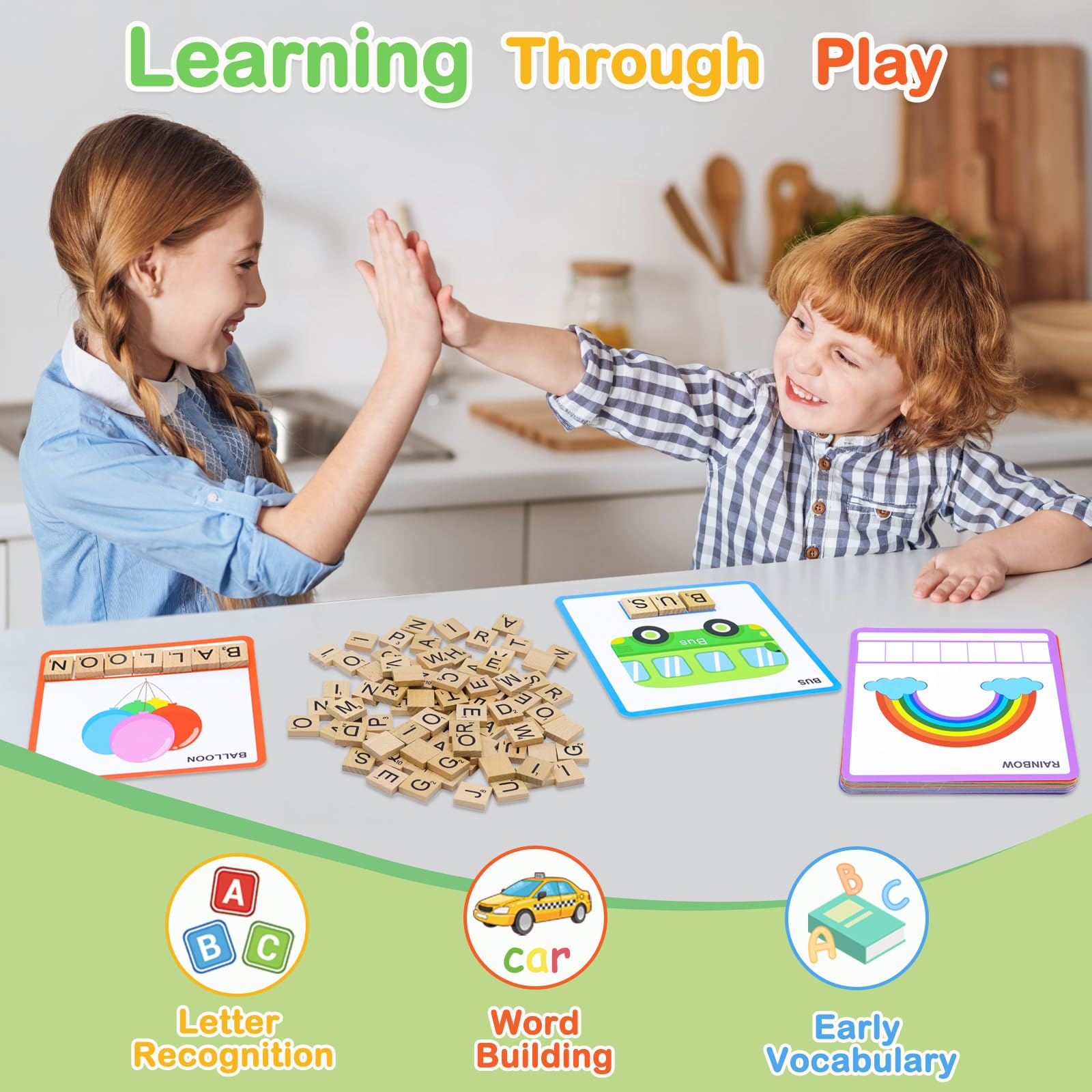 Humerry Spelling Game for Kids 3-8: 100 Wooden Letter Tiles & 60 Word Flashcards – Phonics Learning Toy for Preschool, Kindergarten, Homeschool