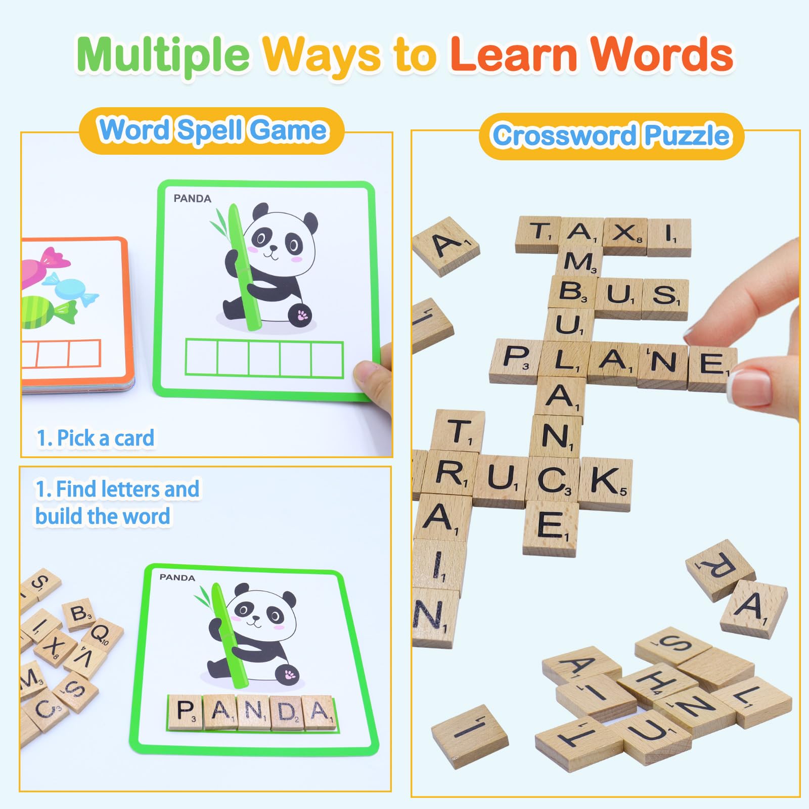 Humerry Spelling Game for Kids 3-8: 100 Wooden Letter Tiles & 60 Word Flashcards – Phonics Learning Toy for Preschool, Kindergarten, Homeschool