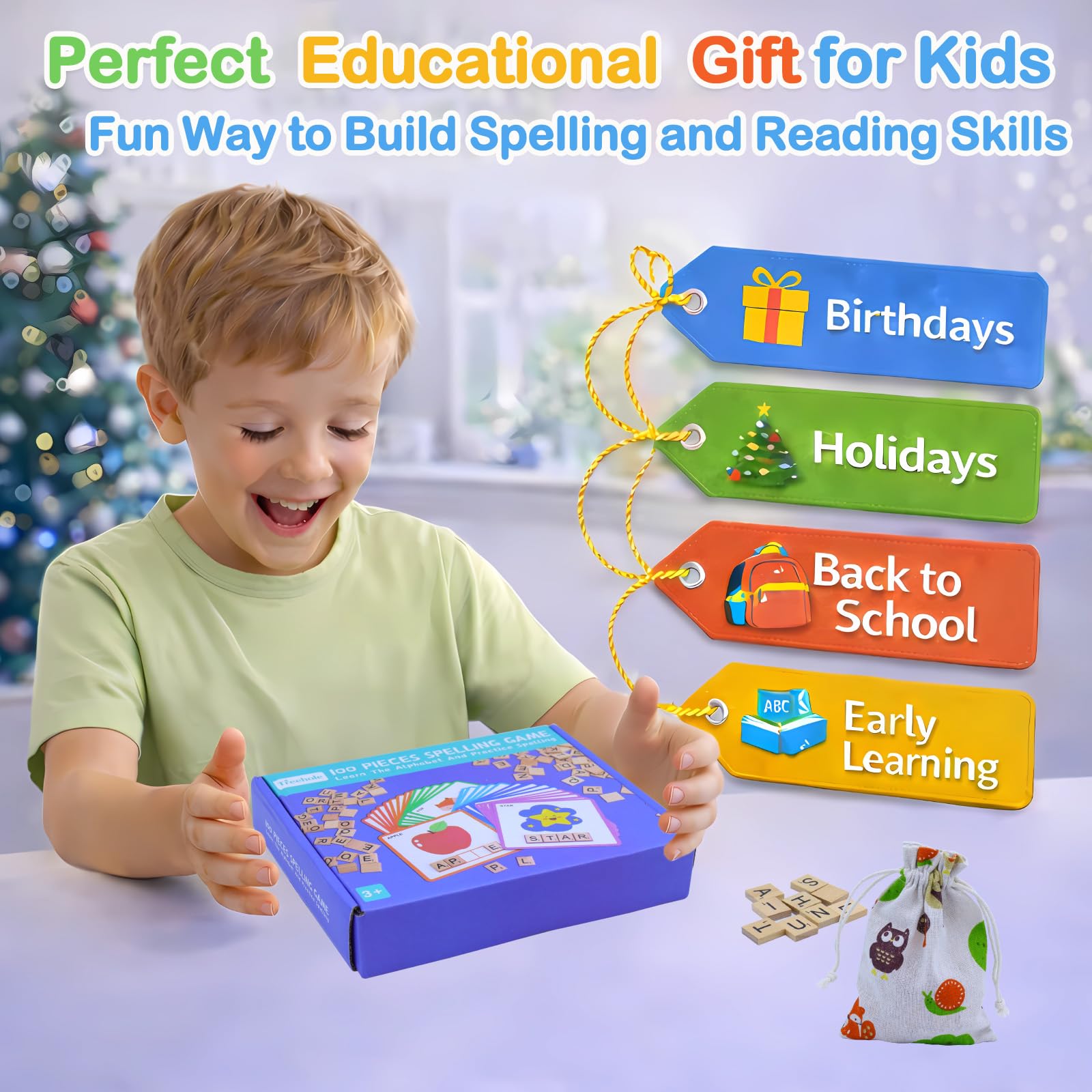 Humerry Spelling Game for Kids 3-8: 100 Wooden Letter Tiles & 60 Word Flashcards – Phonics Learning Toy for Preschool, Kindergarten, Homeschool