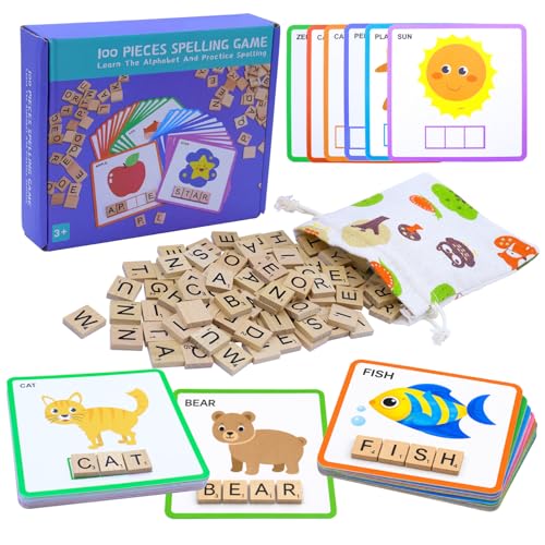 Humerry Spelling Game for Kids 3-8: 100 Wooden Letter Tiles & 60 Word Flashcards – Phonics Learning Toy for Preschool, Kindergarten, Homeschool