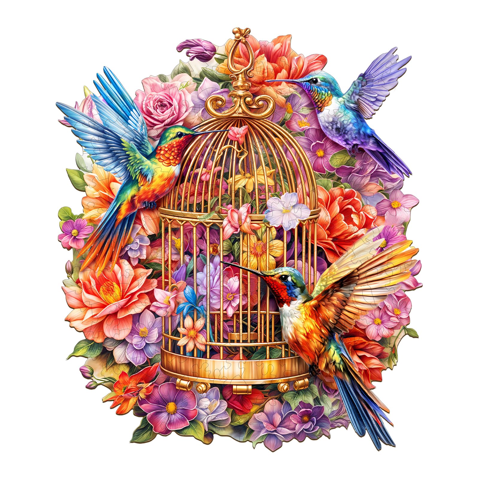 Hummingbird Garden Symphony Wooden Puzzle – 100-Piece Shaped Jigsaw for Adults, 8.5x7.3in