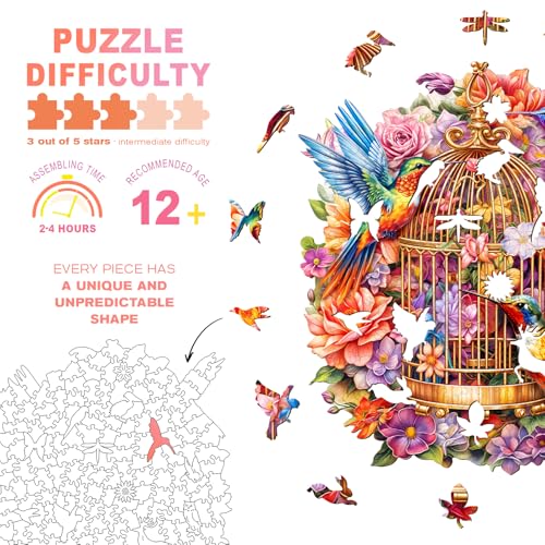 Hummingbird Garden Symphony Wooden Puzzle – 100-Piece Shaped Jigsaw for Adults, 8.5x7.3in