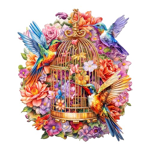 Hummingbird Garden Symphony Wooden Puzzle – 100-Piece Shaped Jigsaw for Adults, 8.5x7.3in