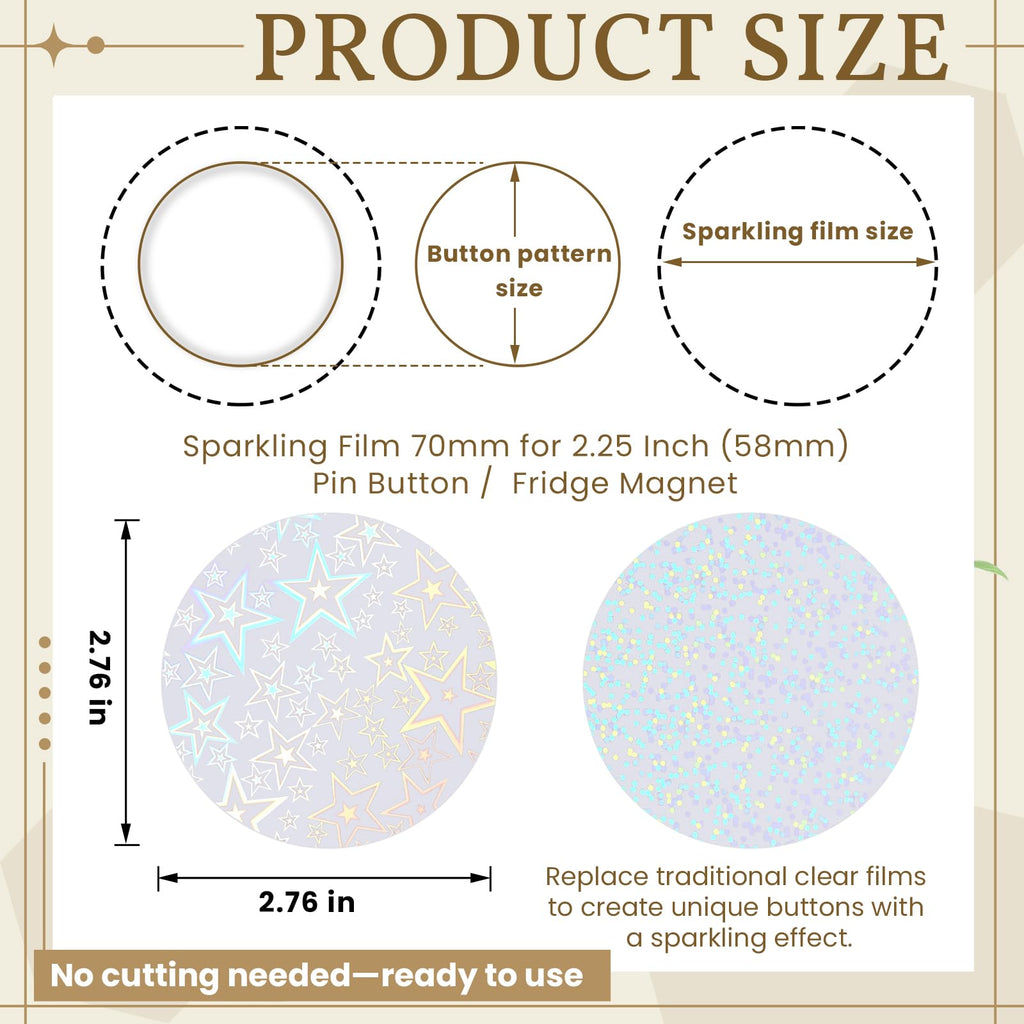 Humyoun 200 Pack Holographic Badge Protective Films - 70mm (2.76in) for 58mm Button Makers, 8 Glitter Patterns