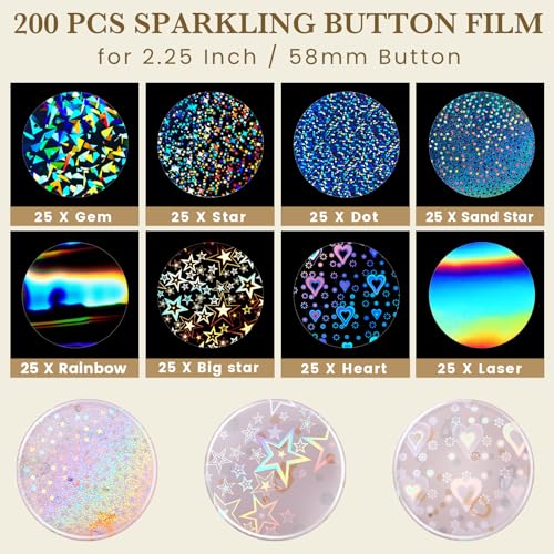 Humyoun 200 Pack Holographic Badge Protective Films - 70mm (2.76in) for 58mm Button Makers, 8 Glitter Patterns