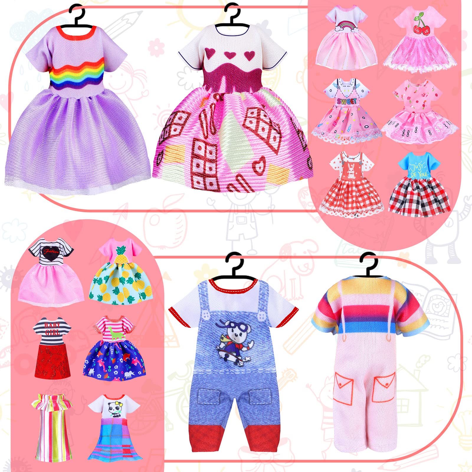 Hungdao 16-Piece Doll Clothes Set for 6-Inch Dolls - Variety of Cute Outfits with Hook and Loop Closure
