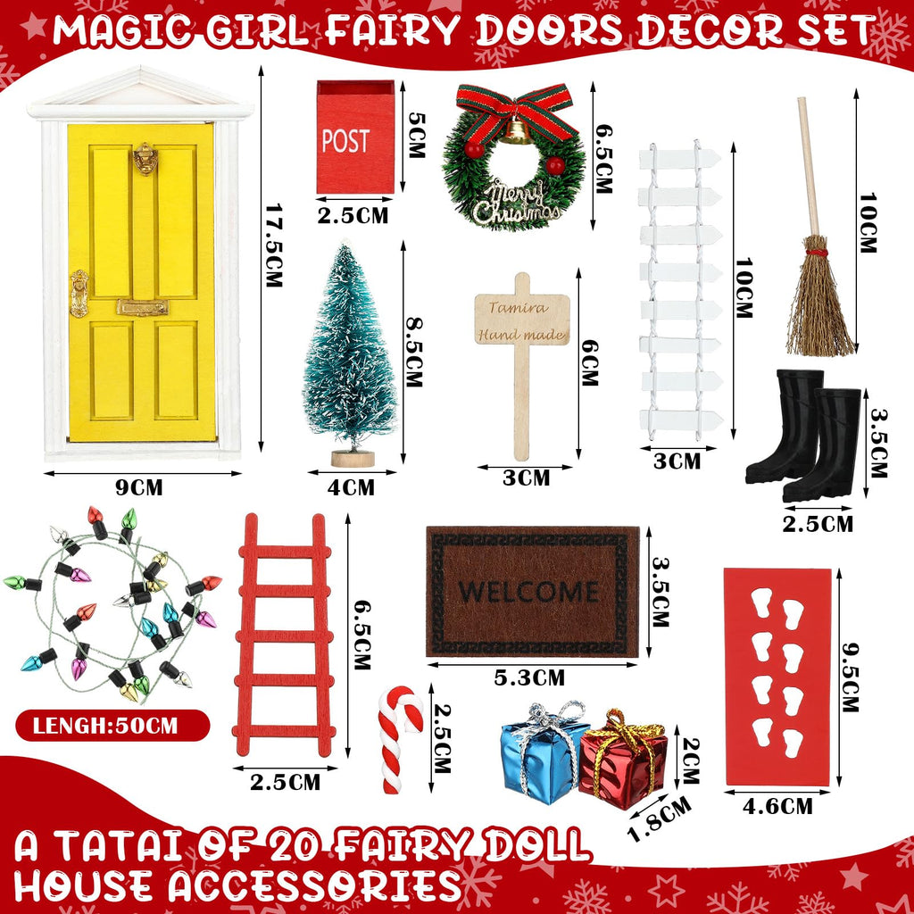 Hungdao 20-Piece Miniature Elf Fairy Doors Decor Set - Includes Red & Yellow Doors, LED Lights, and Accessories