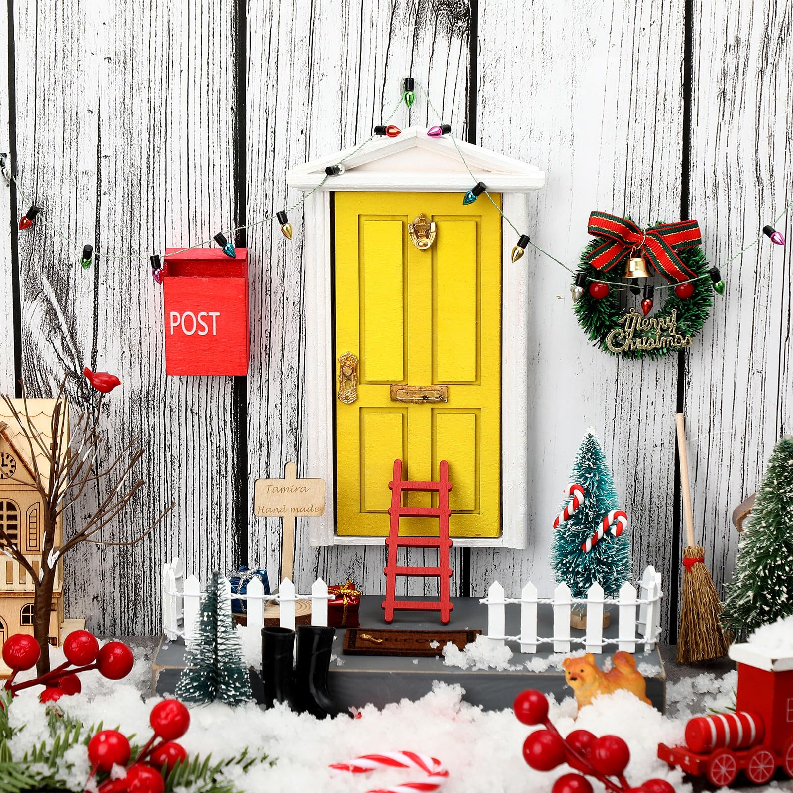 Hungdao 20-Piece Miniature Elf Fairy Doors Decor Set - Includes Red & Yellow Doors, LED Lights, and Accessories