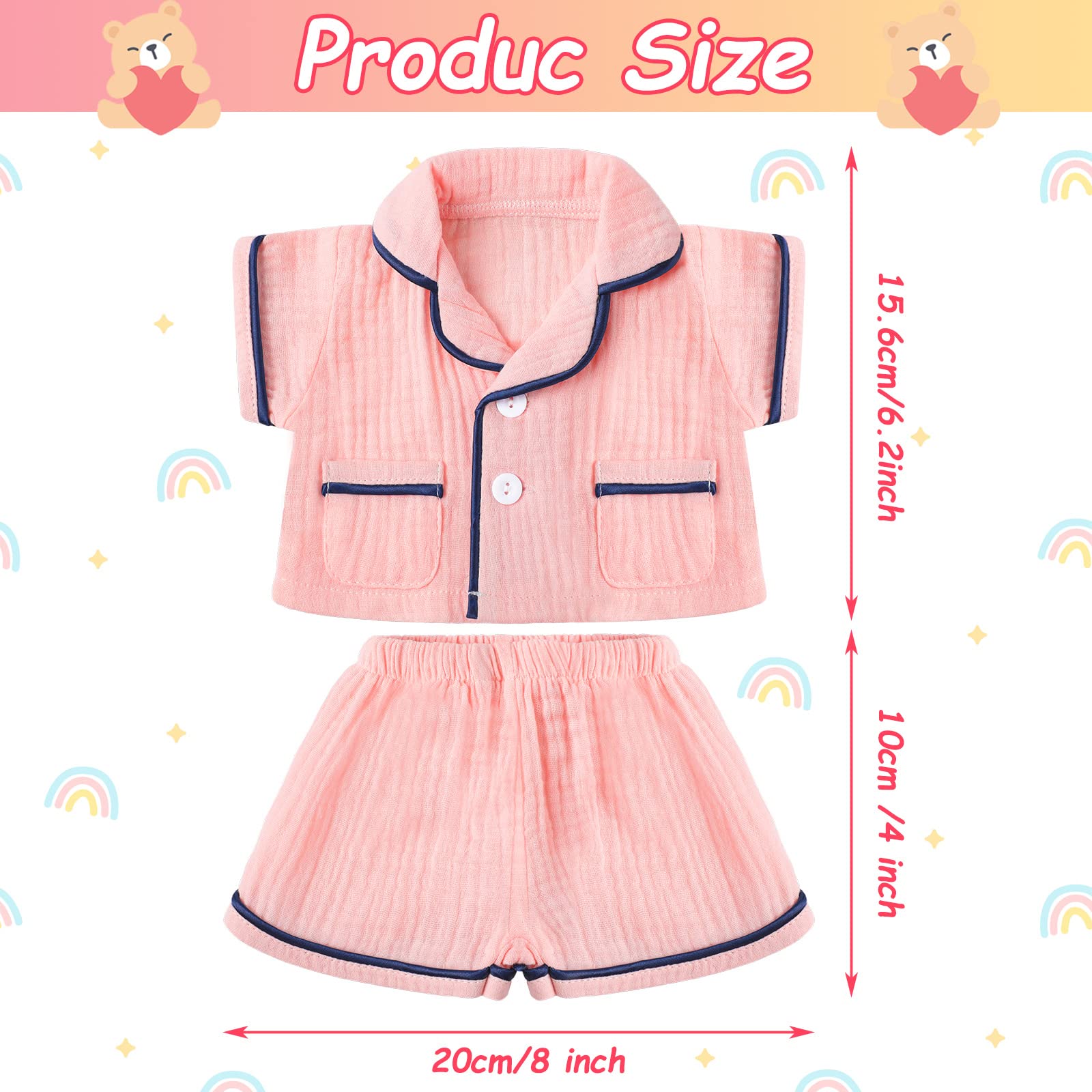 Hungdao Pink Bear Pajamas Set – Fits 14-Inch Stuffed Animals, Muslin Short-Sleeve Shirt & Shorts