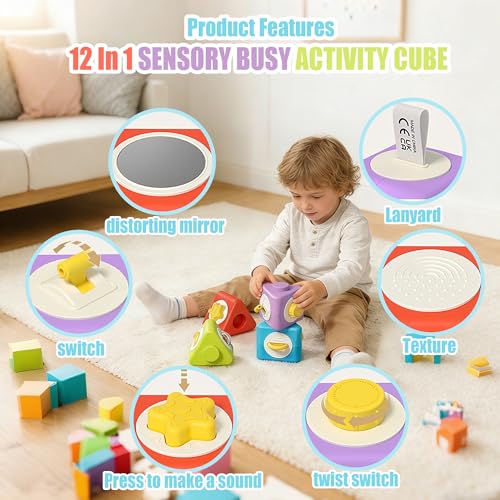 HUNKING 12-in-1 Montessori Activity Cubes & Stacking Blocks for Toddlers 2+ – Sensory Travel Toy Set of 4