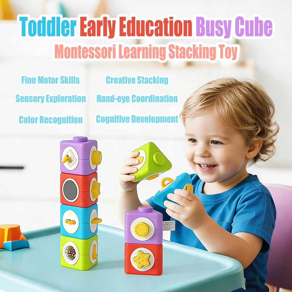 HUNKING 12-in-1 Montessori Activity Cubes & Stacking Blocks for Toddlers 2+ – Sensory Travel Toy Set of 4