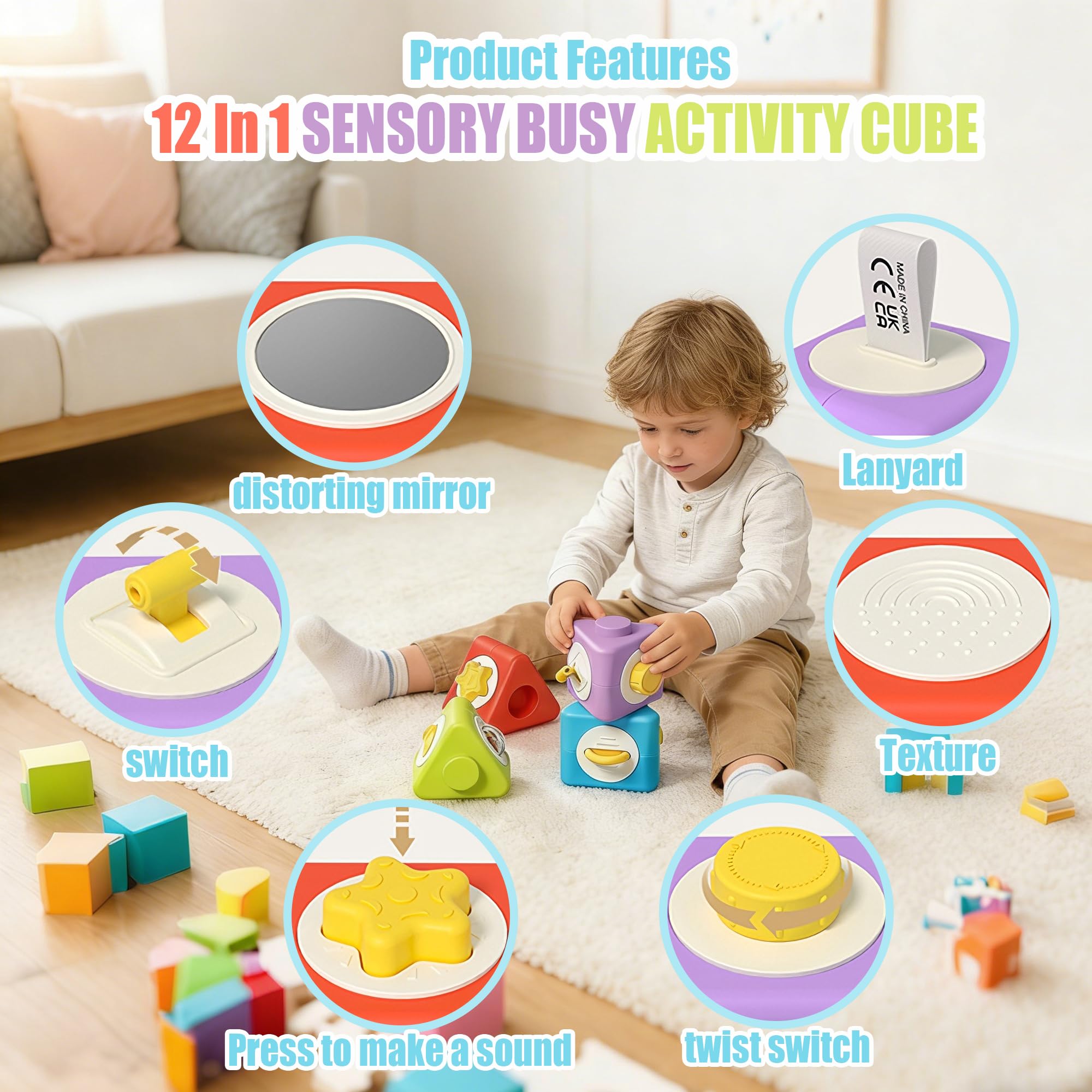 HUNKING 12-in-1 Montessori Activity Cubes & Stacking Blocks for Toddlers 2+ – Sensory Travel Toy Set of 4