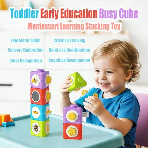 HUNKING 12-in-1 Montessori Activity Cubes & Stacking Blocks for Toddlers 2+ – Sensory Travel Toy Set of 4