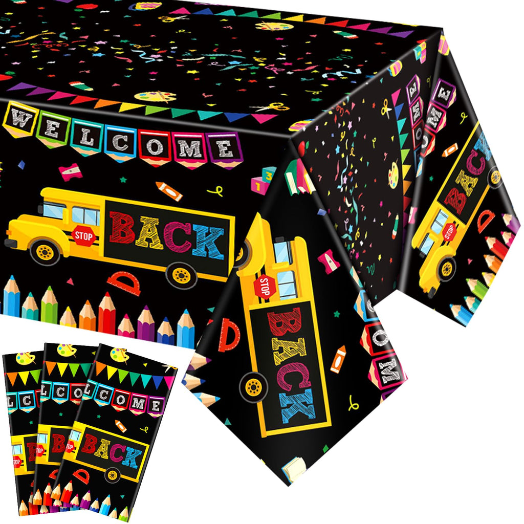 HunnmingRe 3-Pack Back to School Plastic Tablecloth, 54x108 Inch, Bus Theme Disposable Table Cover for First Day of School Party Decor