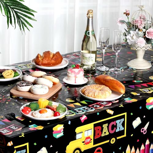 HunnmingRe 3-Pack Back to School Plastic Tablecloth, 54x108 Inch, Bus Theme Disposable Table Cover for First Day of School Party Decor