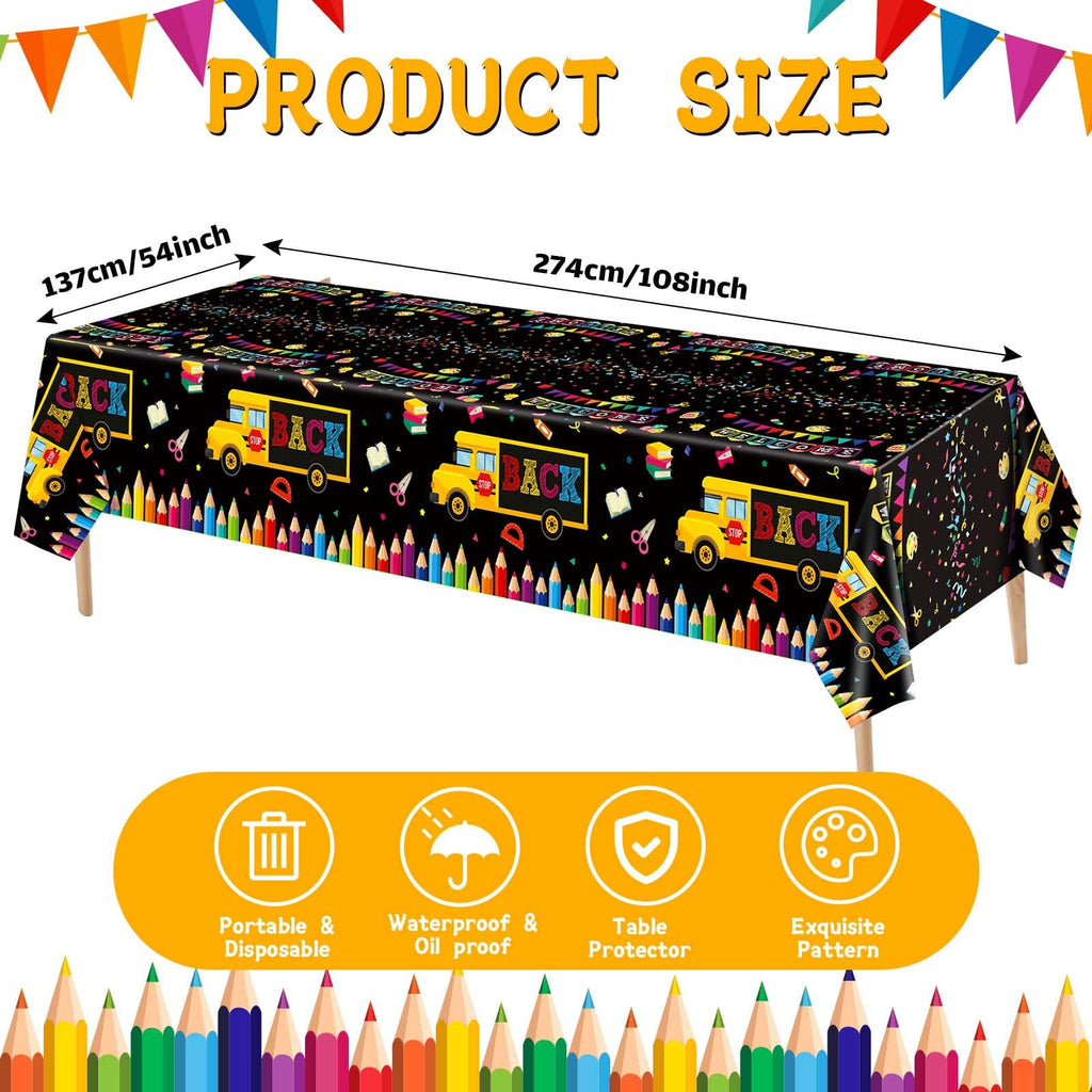 HunnmingRe 3-Pack Back to School Plastic Tablecloth, 54x108 Inch, Bus Theme Disposable Table Cover for First Day of School Party Decor
