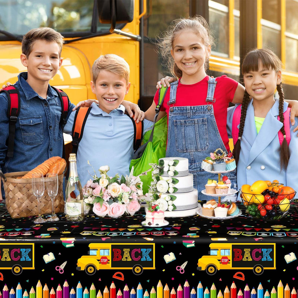 HunnmingRe 3-Pack Back to School Plastic Tablecloth, 54x108 Inch, Bus Theme Disposable Table Cover for First Day of School Party Decor