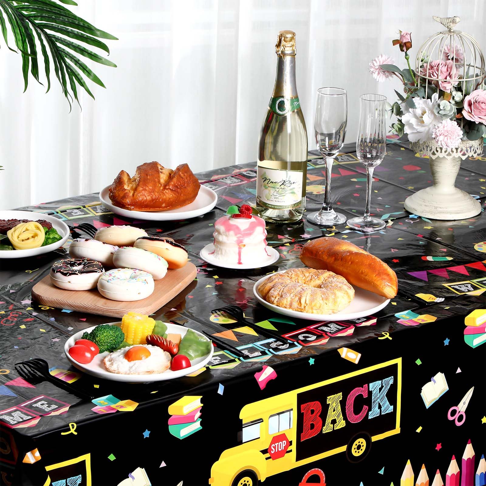 HunnmingRe 3-Pack Back to School Plastic Tablecloth, 54x108 Inch, Bus Theme Disposable Table Cover for First Day of School Party Decor