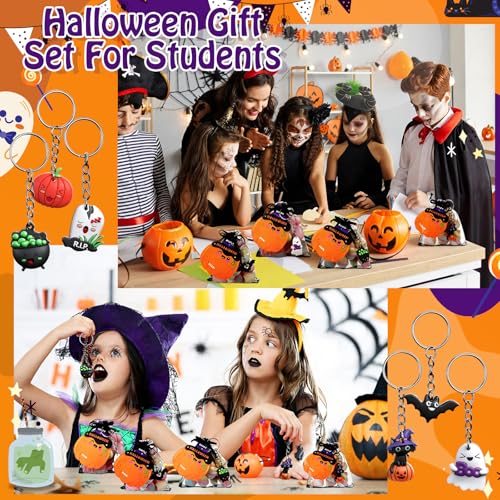 Huquary 24-Piece Halloween Goodie Bags with Keychains, Cards, and Organza Bags for Kids Party Favors