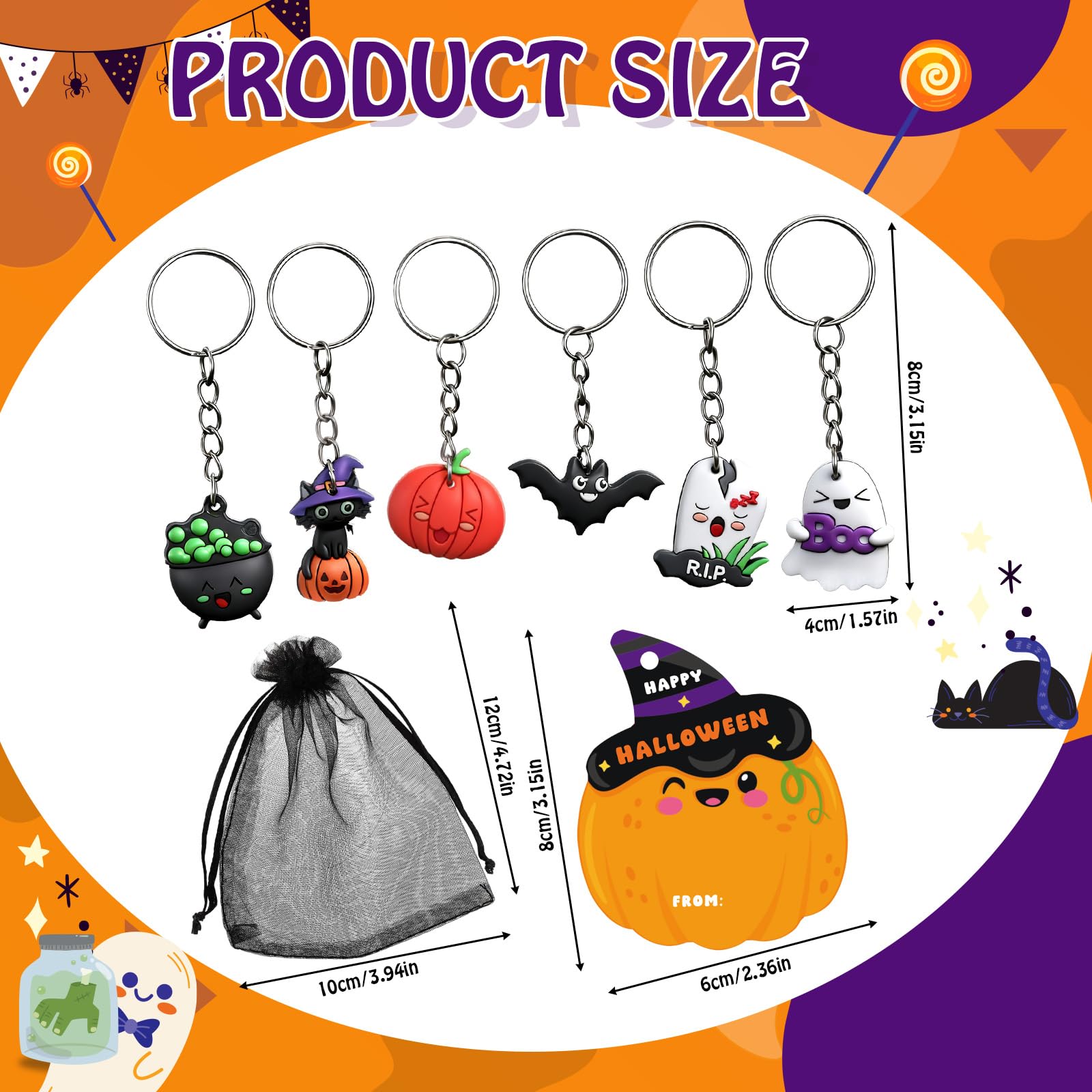 Huquary 24-Piece Halloween Goodie Bags with Keychains, Cards, and Organza Bags for Kids Party Favors
